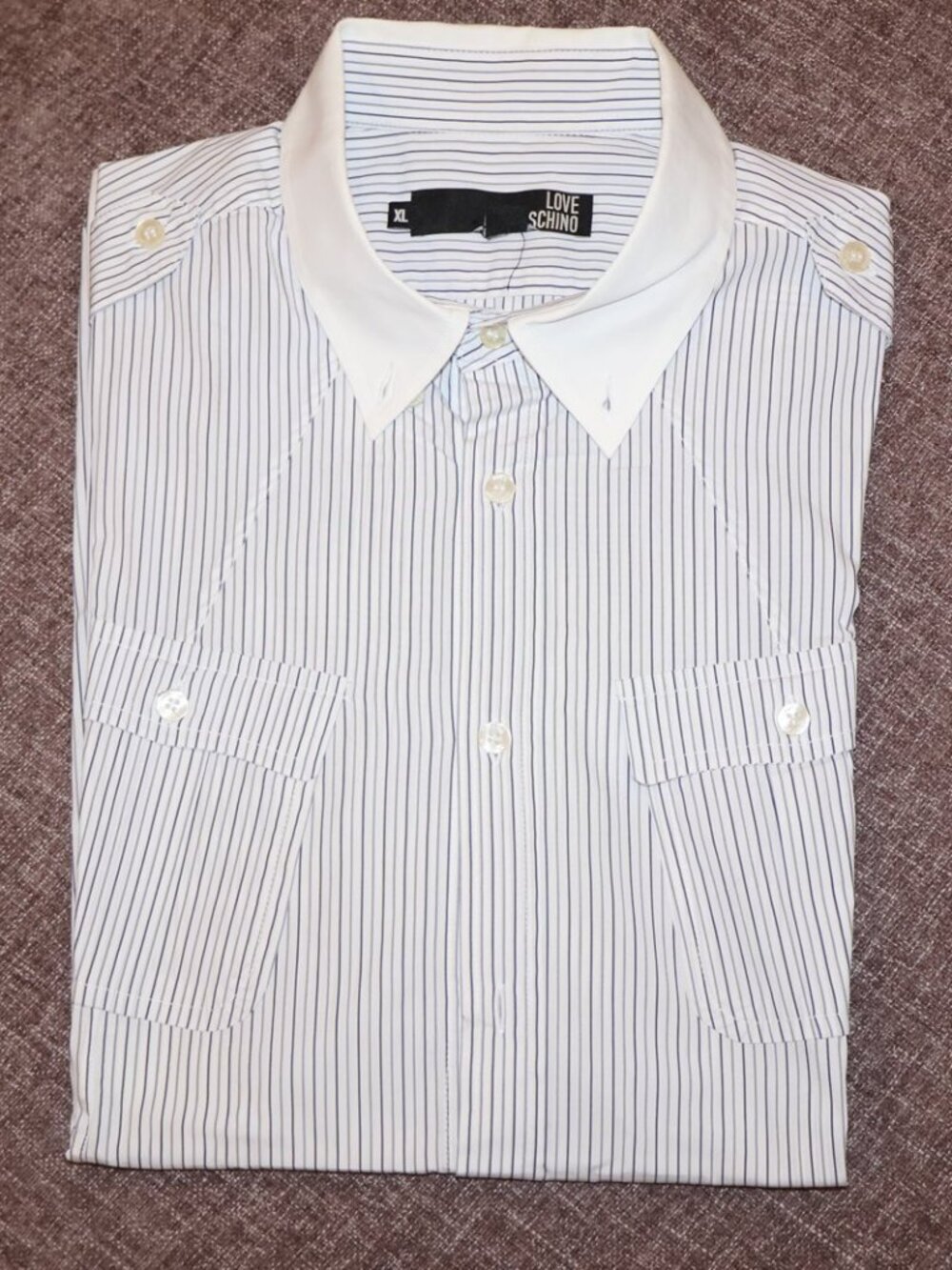 Love Moschino White Collar Blue Stripe Shirt Peace Logo XL